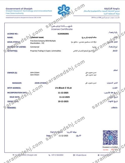 UAE Sharjah license certificate Word and PDF template